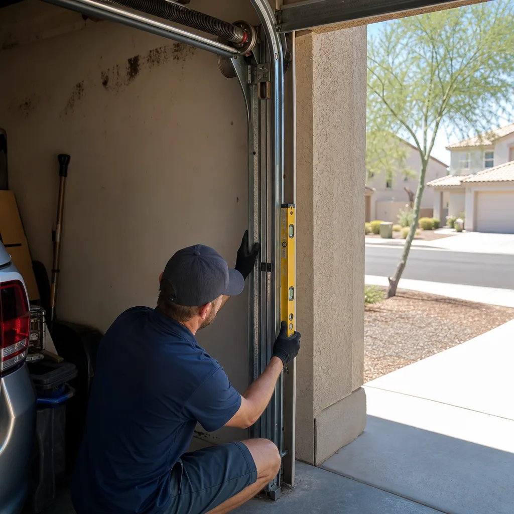 Technician using a level to align garage door track during repair