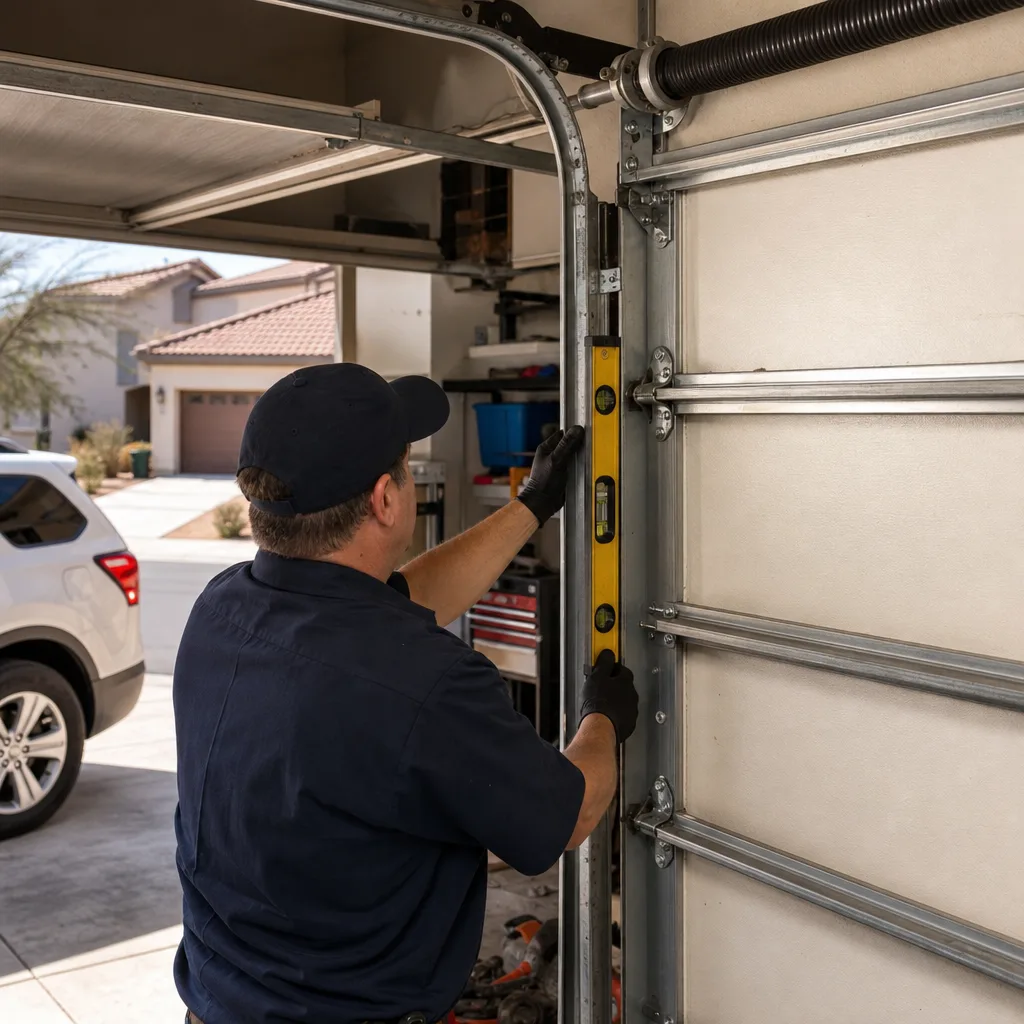 Technician checking alignment of a residential garage door track with a level