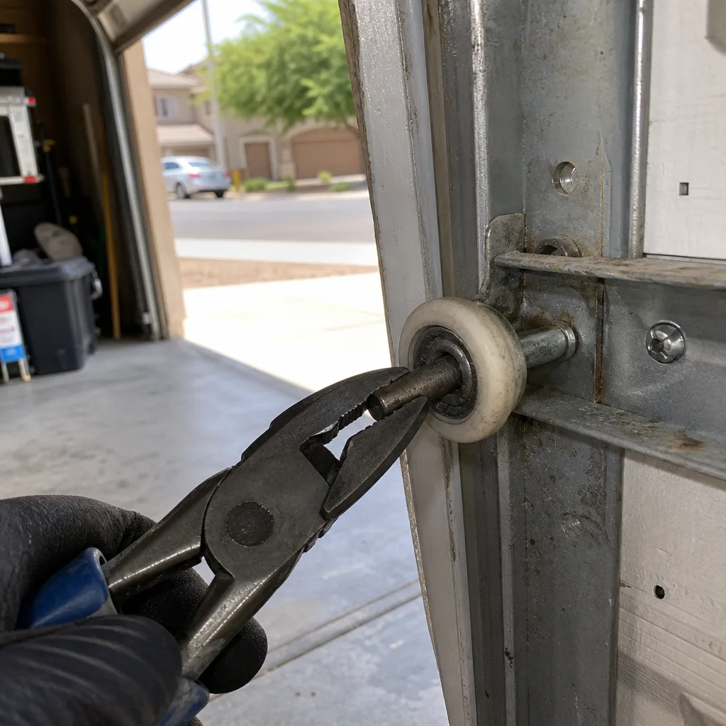 Technician repairing a damaged garage door roller with pliers